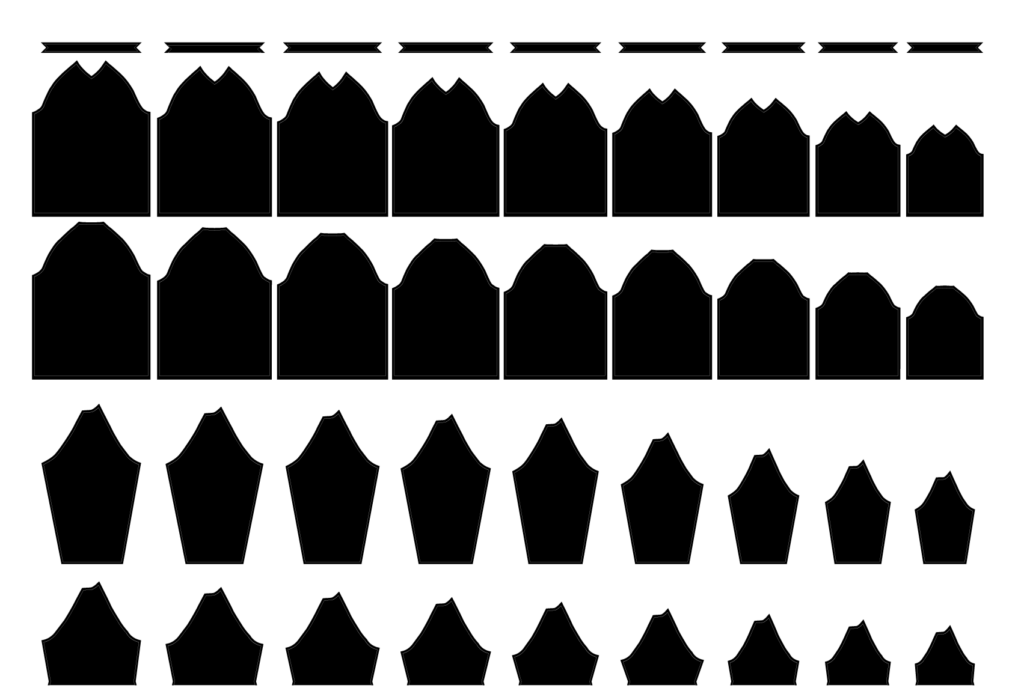 Exemple de gradation en sublimation textile sportive montrant la difficulté de dessiner chaque taille avec les designs et numéros demandés.