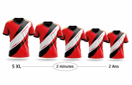Visuel comparatif d’un design textile décliné automatiquement sur plusieurs tailles de maillots grâce à EasyGrada