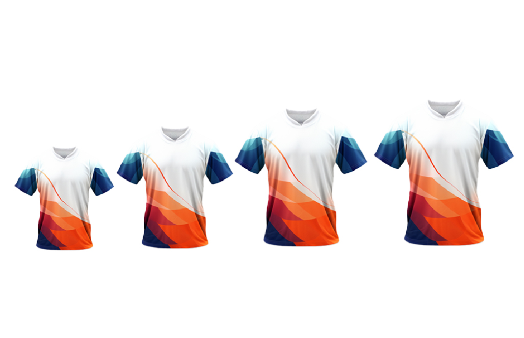 Exemples de gradation de design textile sur des maillots de différentes tailles